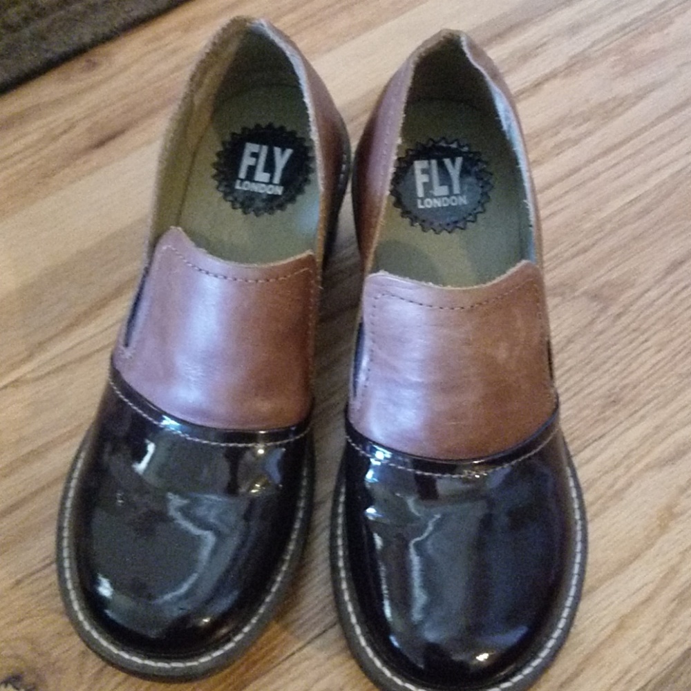 Fly London Brown patent leather heeled slip-on